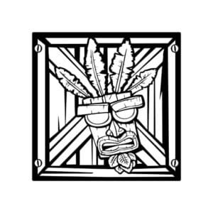 Cuadro metálico inspirado en Aku Aku de Crash Bandicoot, diseño exclusivo en acero negro mate, perfecto para decorar espacios con diversión y estilo