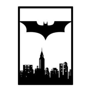 Cuadro metálico inspirado en Batman y Gotham City, diseño exclusivo en acero negro mate, perfecto para decorar espacios con estilo y misterio