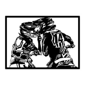 Cuadro de metal pareja motocross mostrando a dos riders unidos por la pasión del off-road. Diseño artístico con espíritu aventurero.