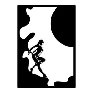Cuadro Metálico Hacia la Luz: figura femenina suspendida entre sombras onduladas y sol redondo, diseño geométrico en negro mate