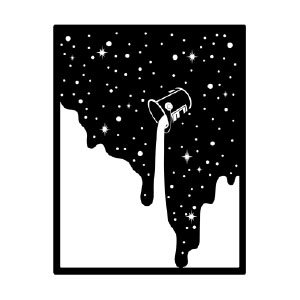 Cuadro metálico noche cósmica mostrando un cubo derramando estrellas y fragmentos del cosmos, arte conceptual ideal para decoración moderna y espacios inspiradores.