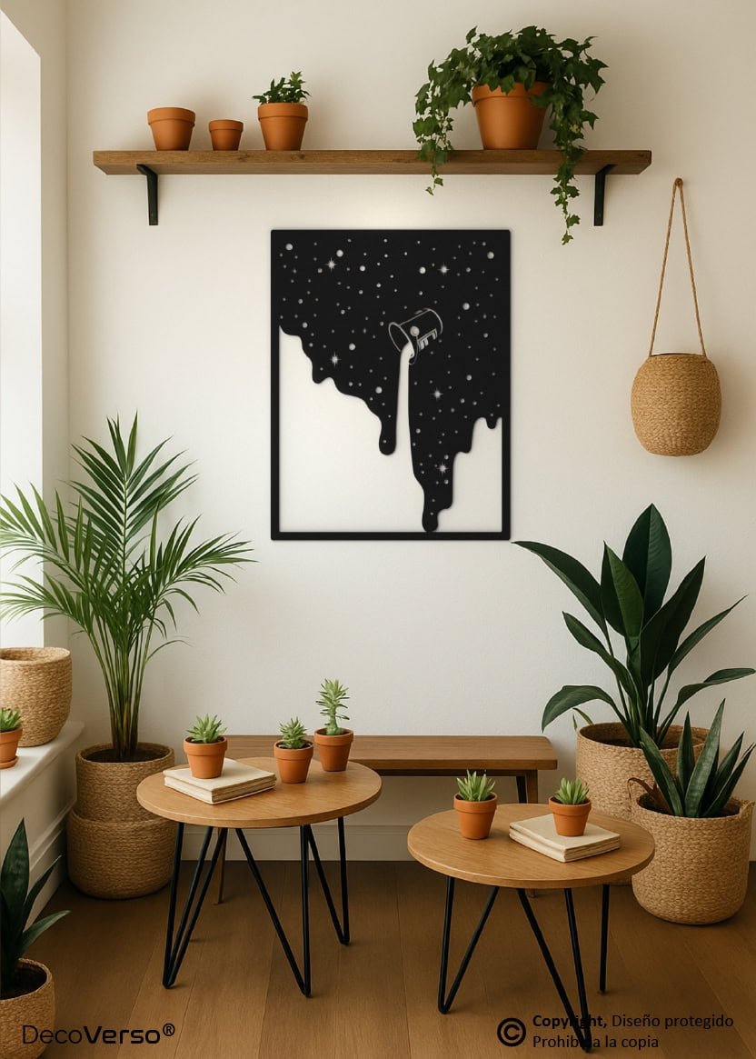 Cuadro metálico noche cósmica mostrando un cubo derramando estrellas y fragmentos del cosmos, arte conceptual ideal para decoración moderna y espacios inspiradores.