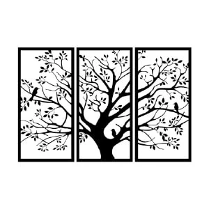 Cuadro metálico tríptico árbol y aves, silueta natural en tres paneles con ramas y pájaros