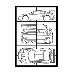 Cuadro metálico GT3 RS con diseño técnico del coche deportivo en vistas frontal, lateral y superior