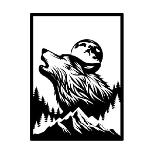 Cuadro metálico lobo aullando a la luna, silueta de lobo con montañas y bosque en diseño minimalista