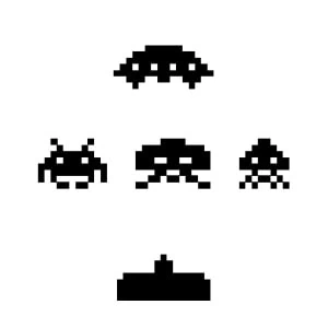 Cuadro metálico Space Invaders, iconos retro pixelados inspirados en el videojuego clásico