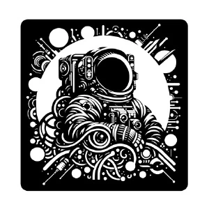 Cuadro metálico astronauta en estilo artístico con elementos espaciales abstractos