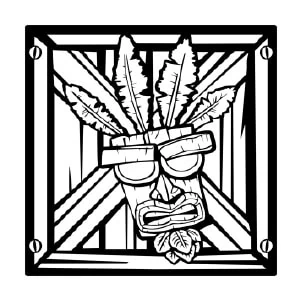 Cuadro metálico fan art inspirado en la máscara tribal Aku Aku del videojuego clásico Crash Bandicoot