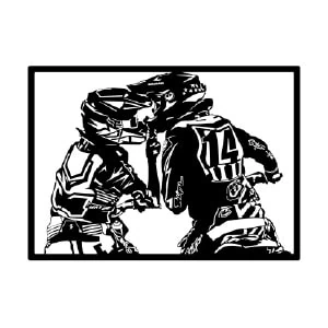 Cuadro metálico pareja practicando motocross en estilo ilustración en blanco y negro